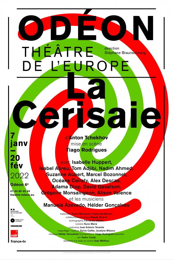 Affiche. Odéon. La Cerisaie d|Anton Tchékhov. Mise en scène par Tiago Rodrigues. 2022-01-07